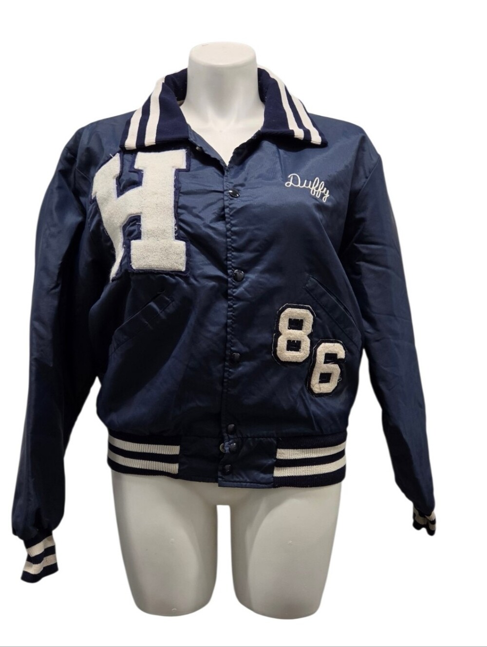 Vintage DeLong Sportswear Large Navy Blue Varsity Jacket with Chenille Patches